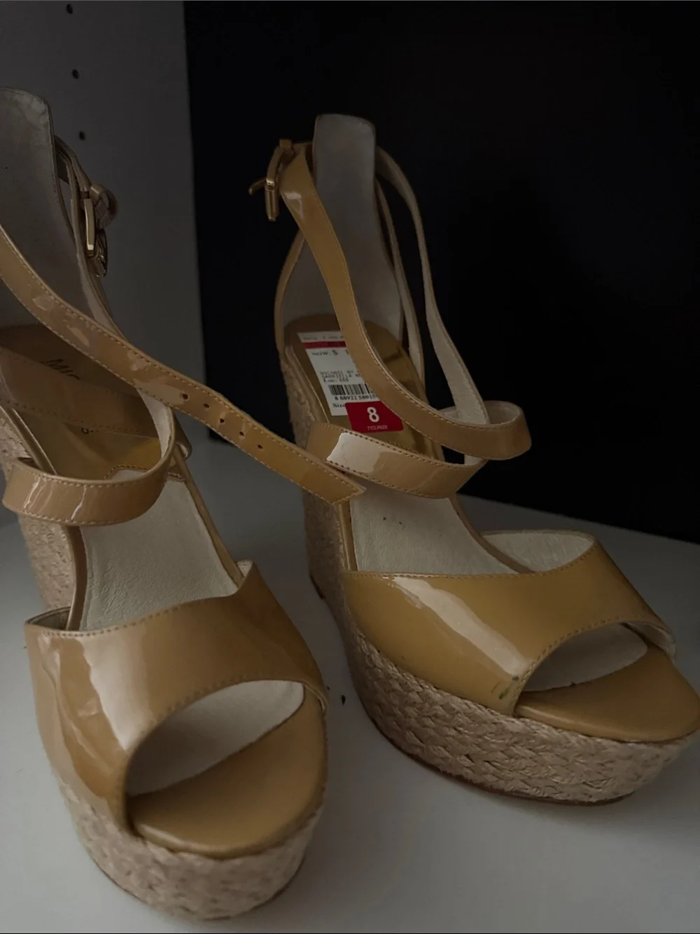 Michael Kors Tan Patent Leather Espadrille Wedge Sandals